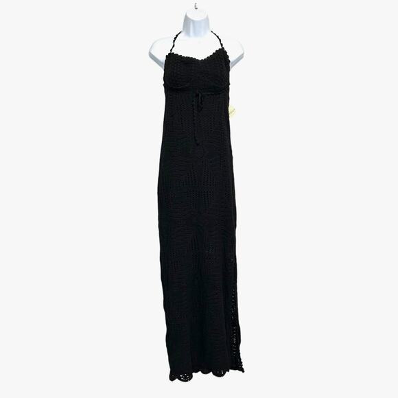 Free People Crochet Knit Sleeveless Maxi Dress NWT Women's Sz M Black Boho Lined - Picture 1 of 8